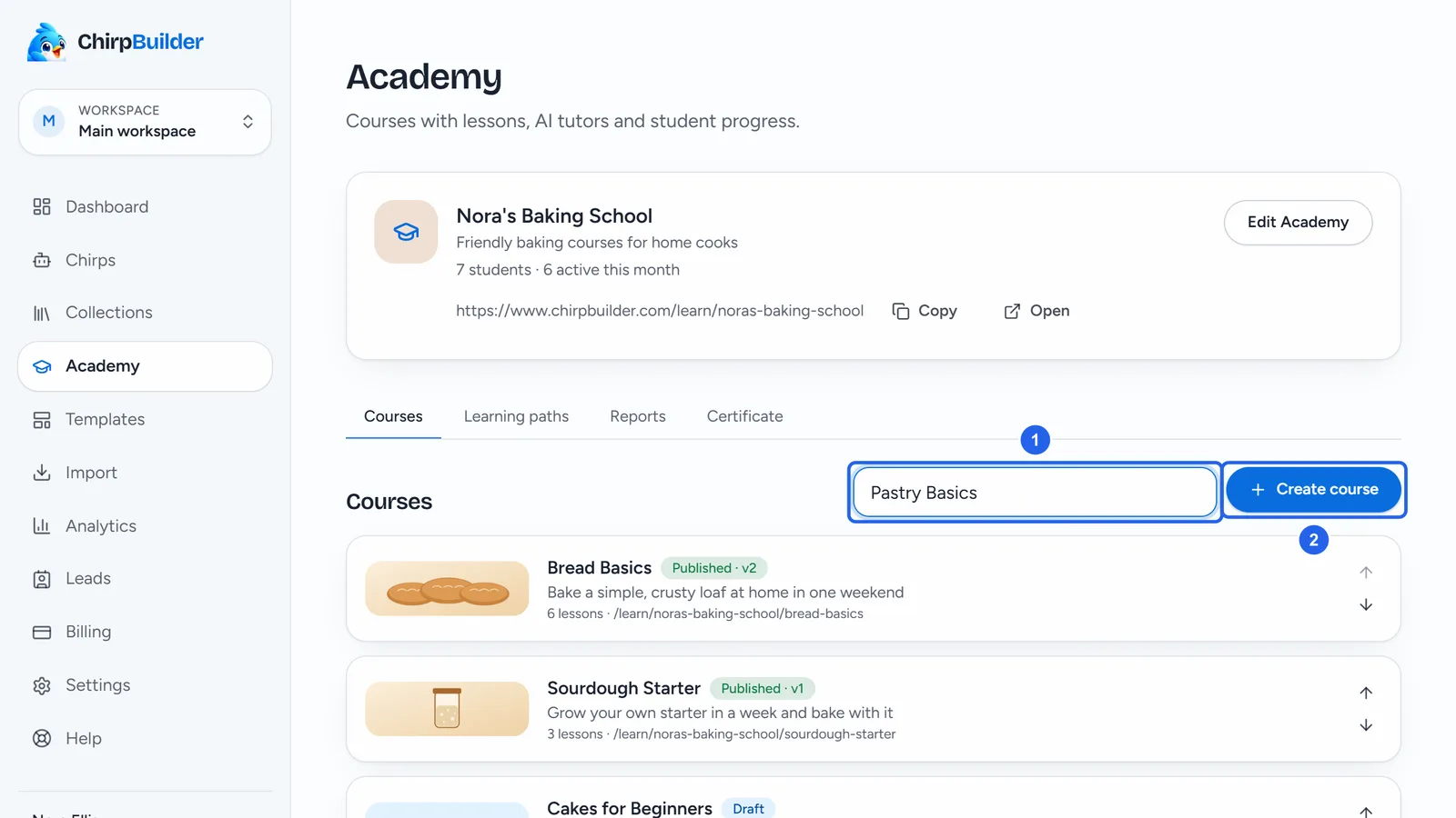The Courses tab with Pastry Basics typed in the new course title box, the Create course button, and the existing courses below.