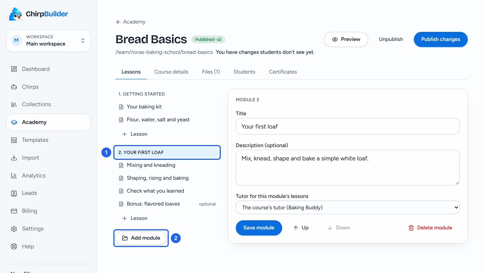 The course editor's Lessons tab: the outline on the left with two modules and their lessons, and the second module open on the right with its title, description and tutor.