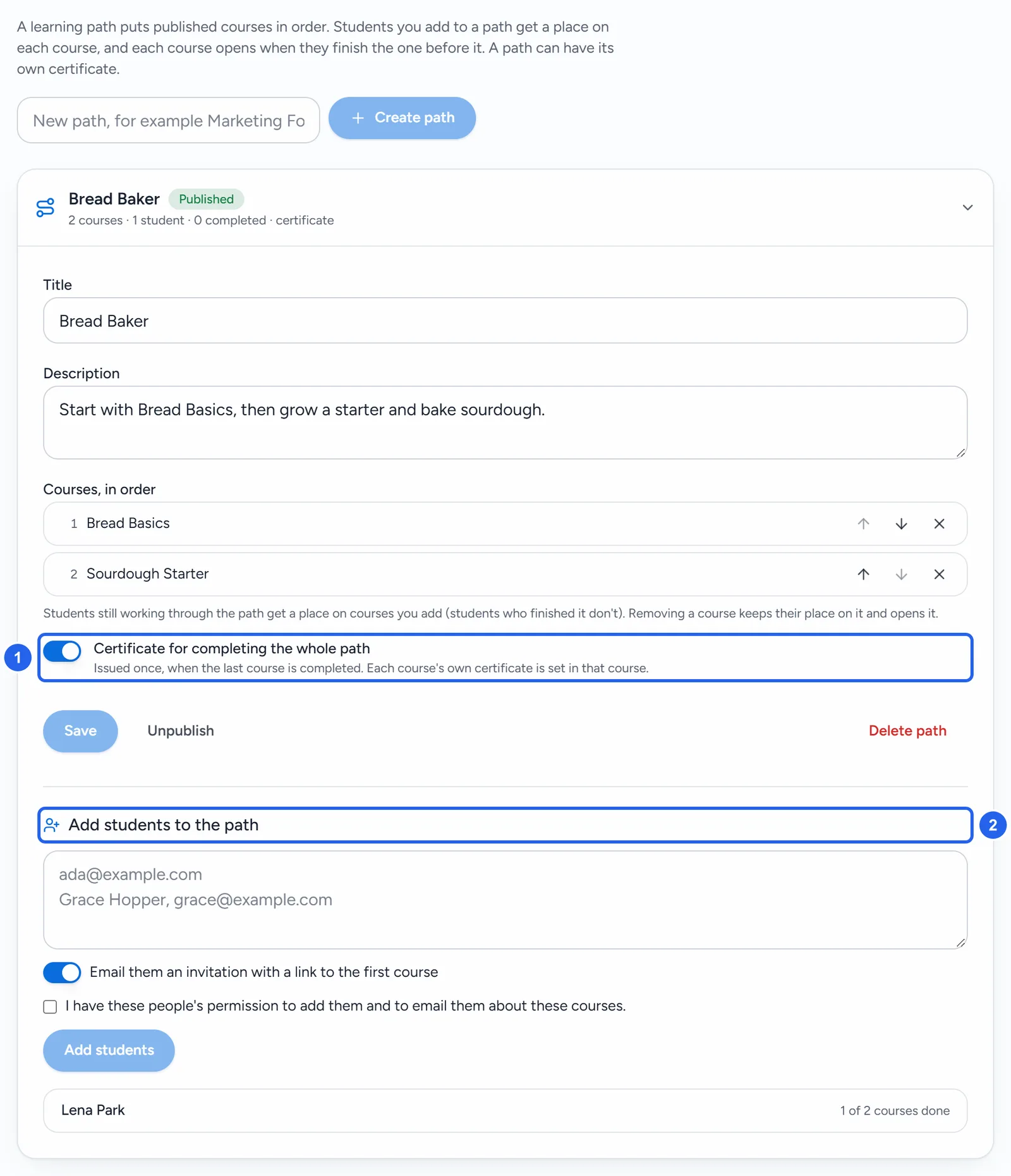 The Learning paths tab with the path Bread Baker open: its title, description, Bread Basics then Sourdough Starter in order, the path certificate switch, and the box for adding students, with Lena Park listed.