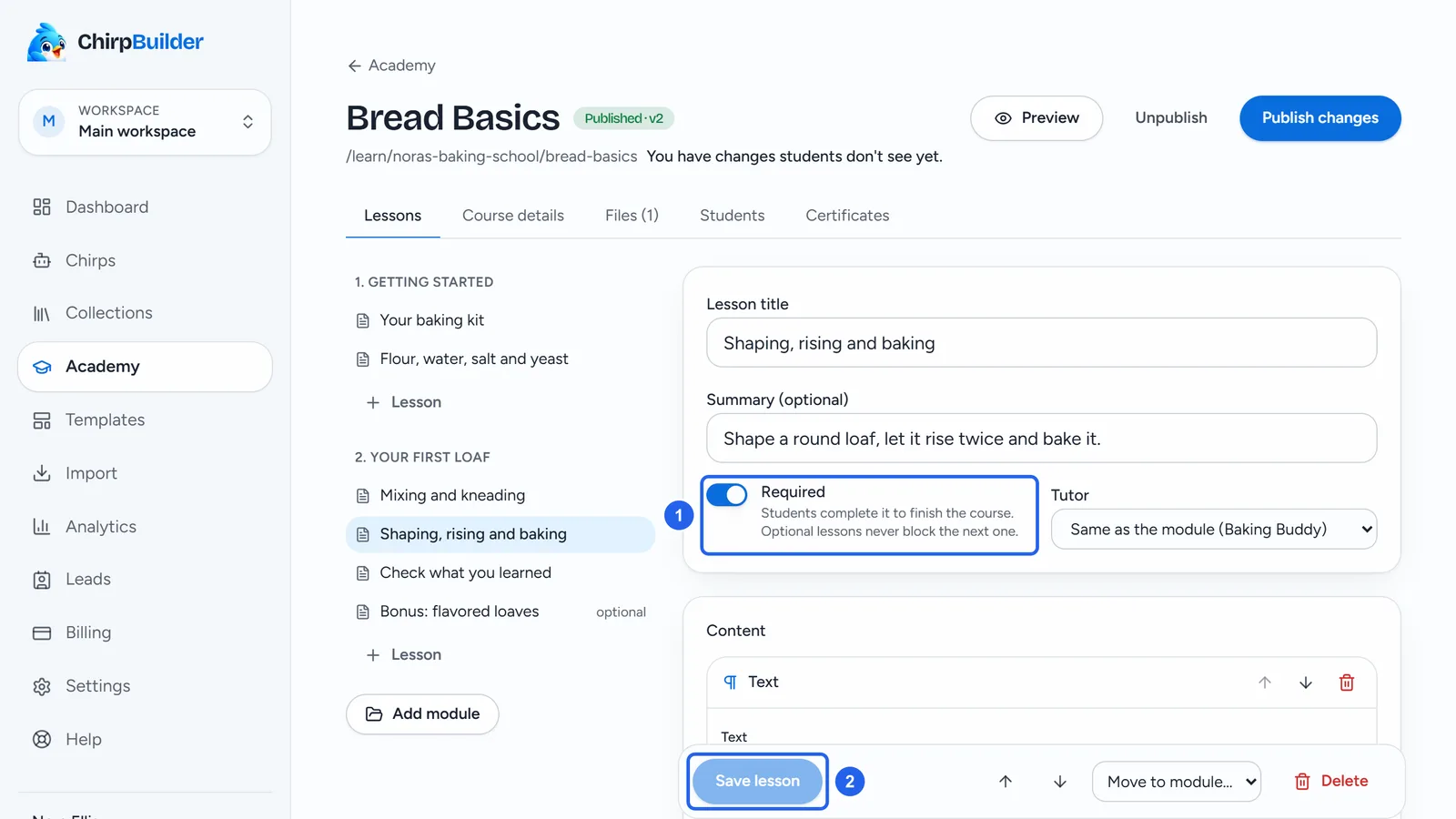 The lesson Shaping, rising and baking open in the editor: its title, summary, the Required switch, the tutor menu, the start of its content, and the Save lesson bar at the bottom.