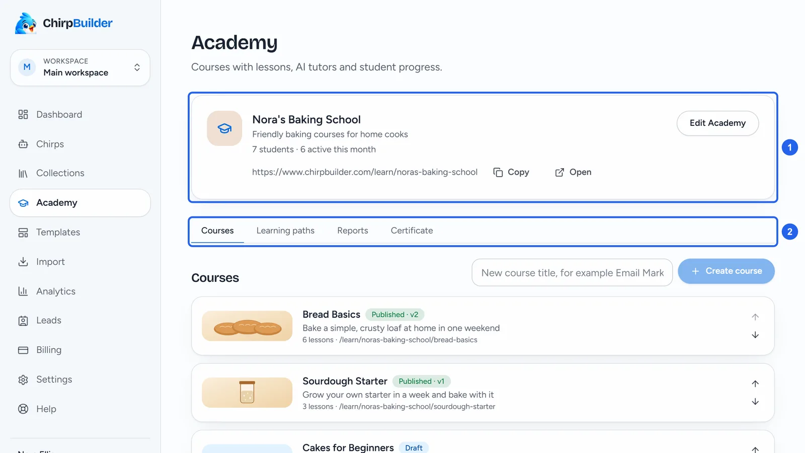 The Academy page for Nora's Baking School: the Academy's name, tagline, student count and link at the top, then the Courses, Learning paths, Reports and Certificate tabs and the list of courses.