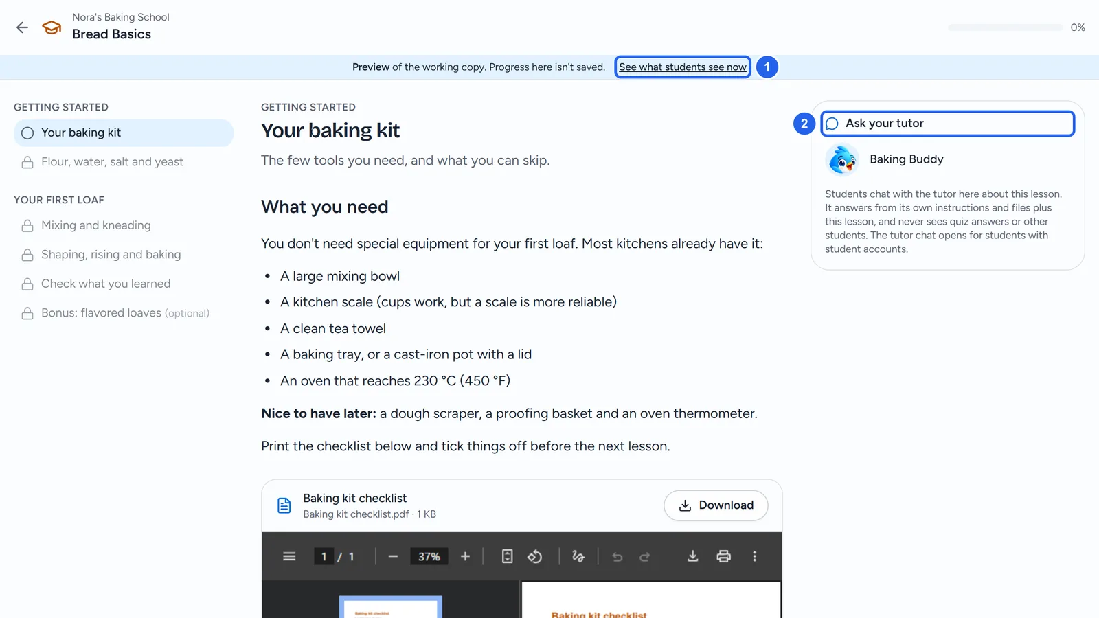 The preview of Bread Basics: the outline on the left with later lessons locked, the first lesson in the middle, and the tutor panel on the right. A banner says it's a preview of the working copy and progress isn't saved.