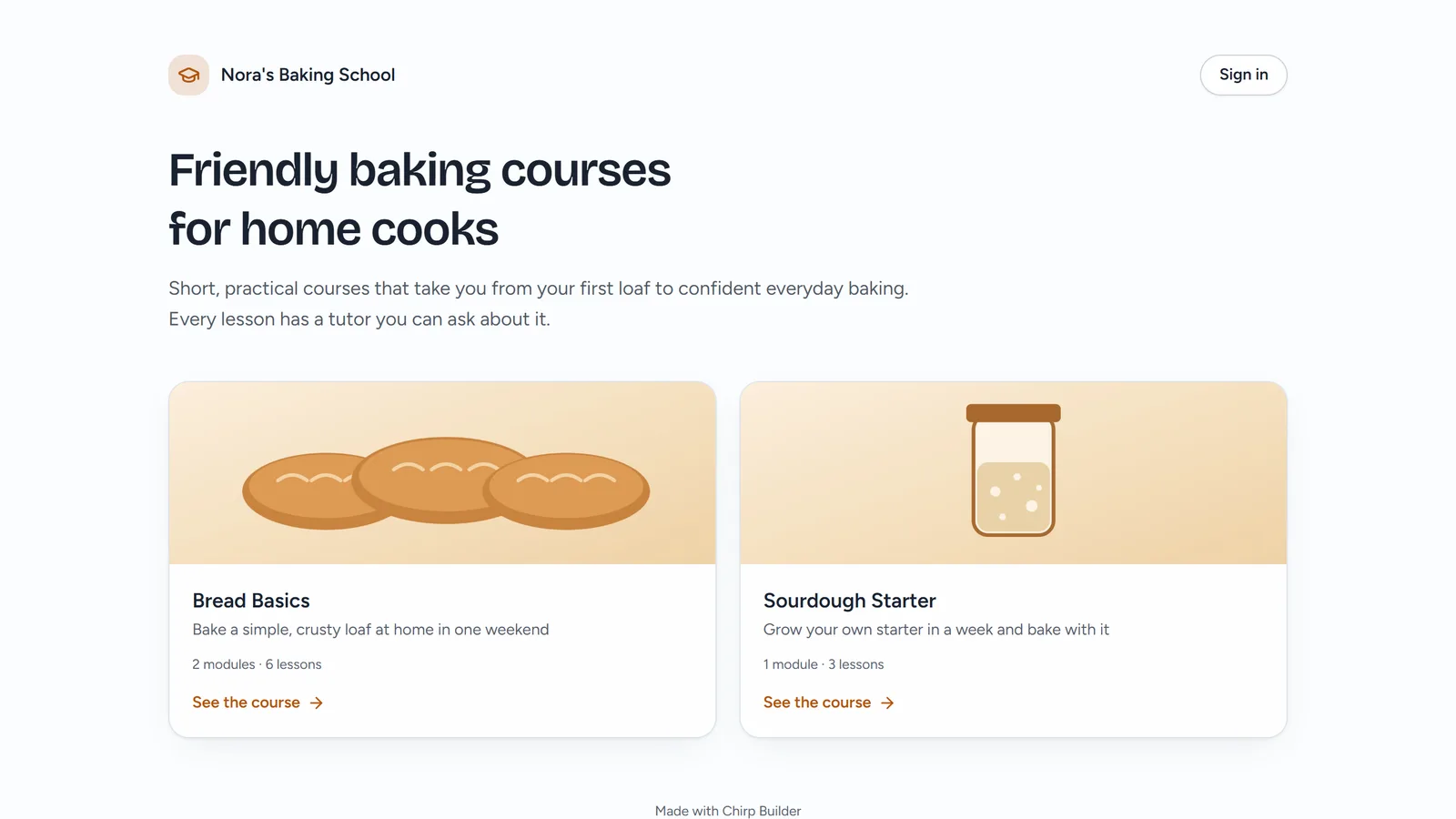 The public home page of Nora's Baking School: the tagline as a heading, the description, and cards for Bread Basics and Sourdough Starter with See the course links.