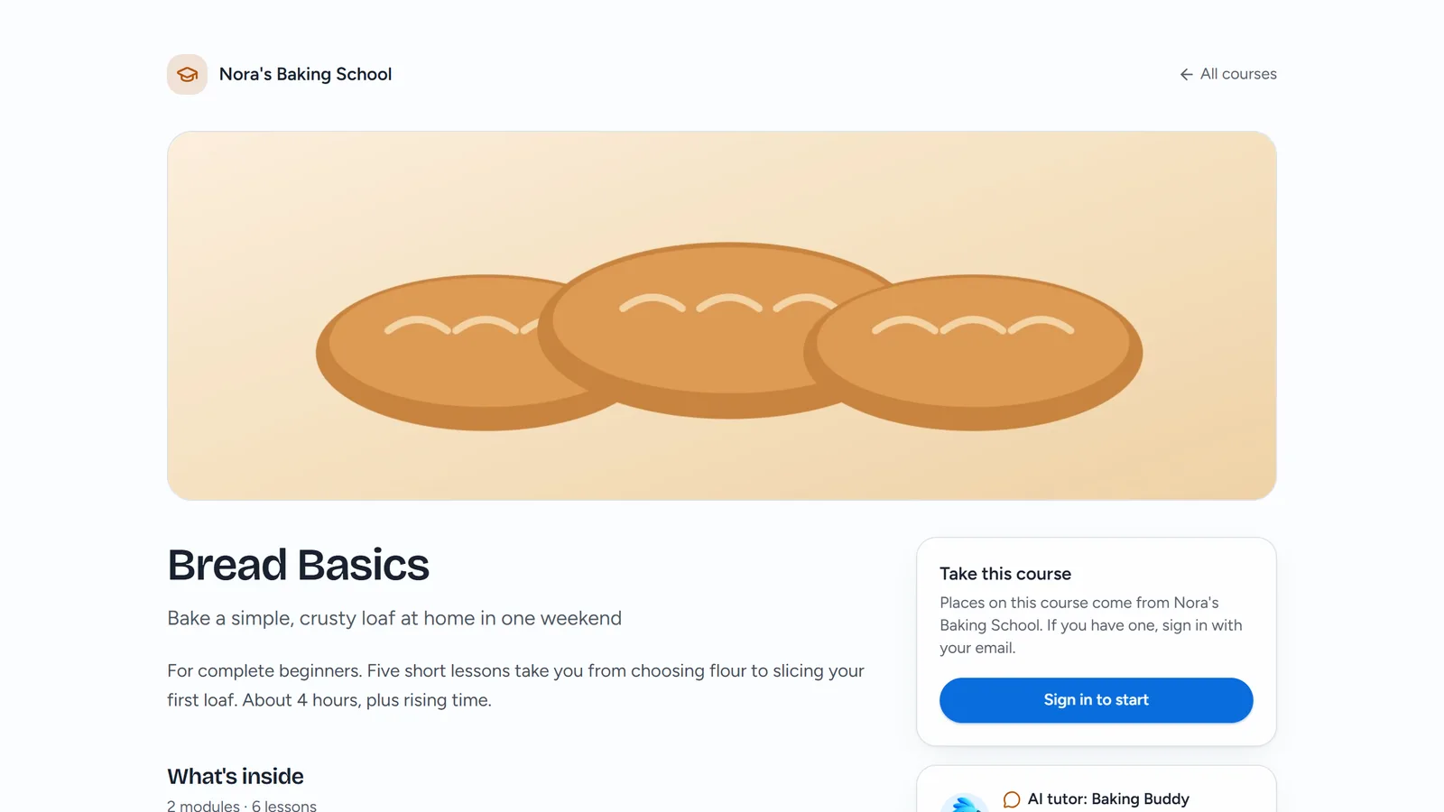 The public page for Bread Basics: its title, subtitle, description and outline, the AI tutor's name, and a Take this course box that asks people with a place to sign in.