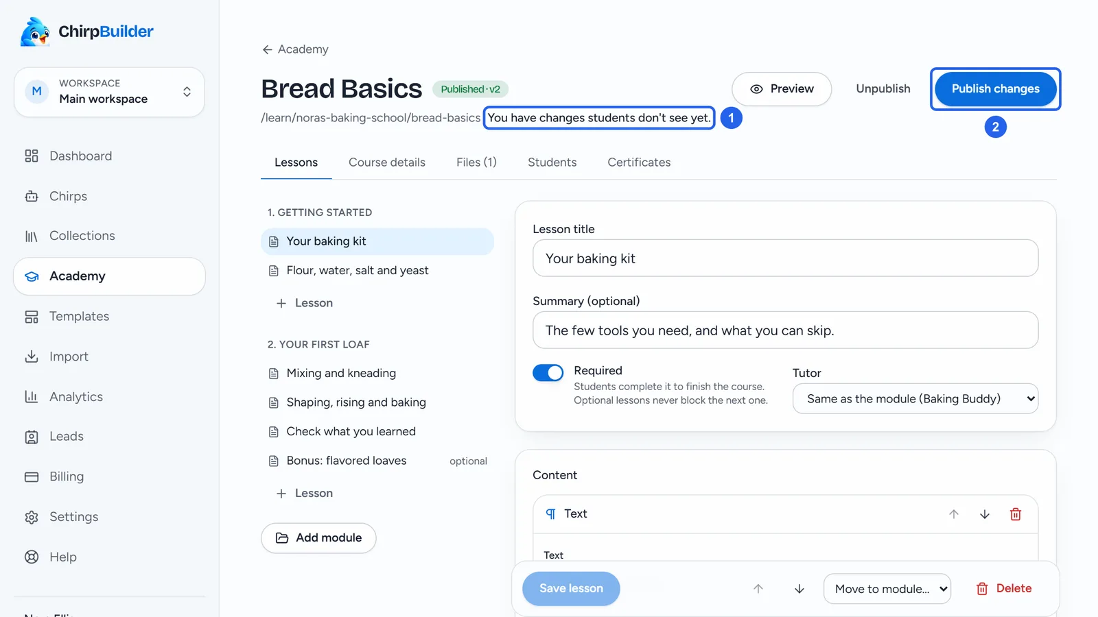 The top of the Bread Basics editor: Published · v2 next to the title, the note You have changes students don't see yet, and the Preview, Unpublish and Publish changes buttons.
