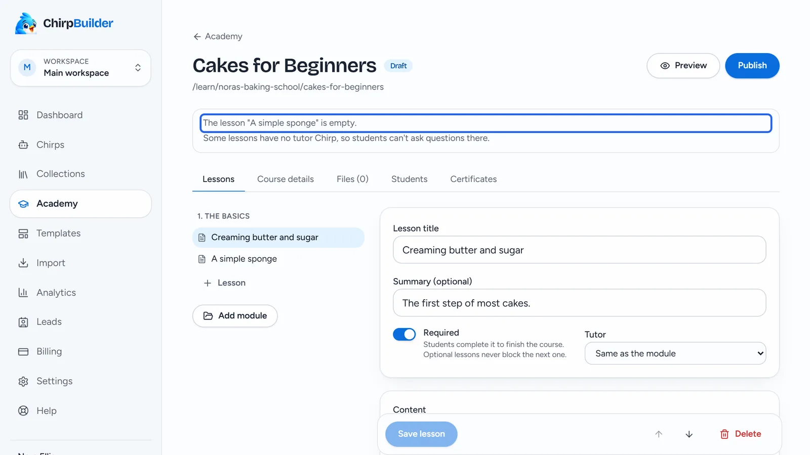 The editor for the draft course Cakes for Beginners: a box under the title lists things to look at, such as an empty lesson and lessons without a tutor, and the Publish button.