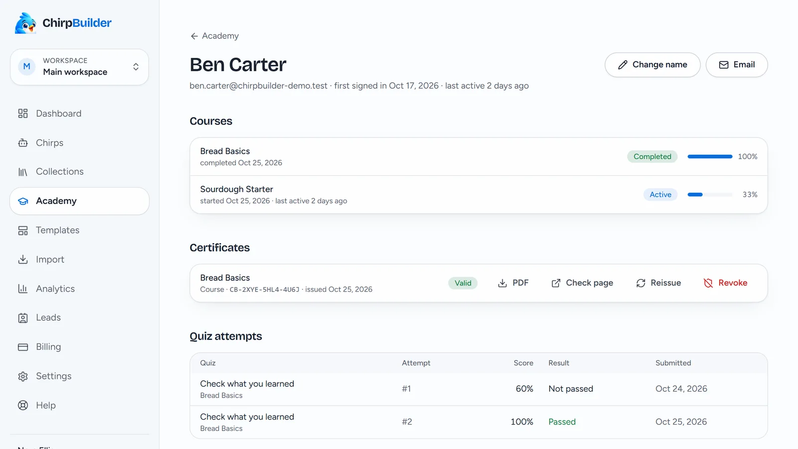 Ben Carter's record: his two courses with status and progress, his Bread Basics certificate, and his quiz attempts, the first not passed at 60% and the second passed at 100%.