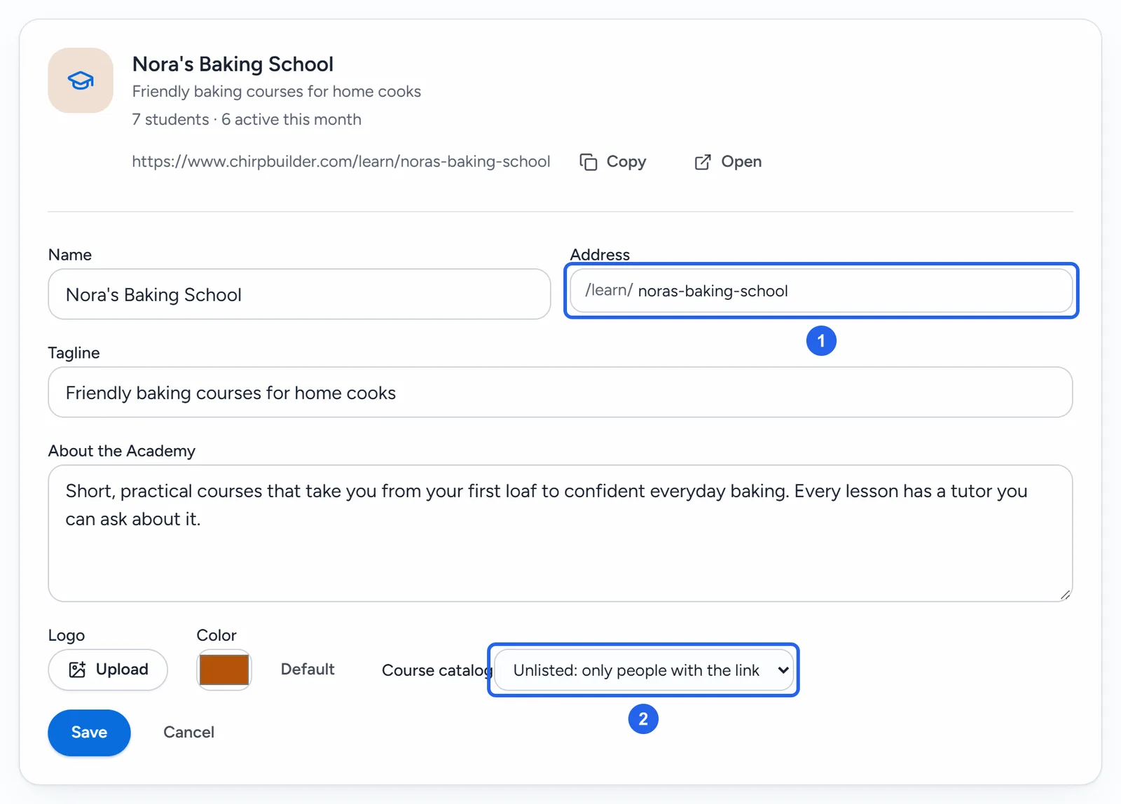 The Academy's settings open for editing: Name, Address (/learn/noras-baking-school), Tagline, About the Academy, Logo, Color and Course catalog.