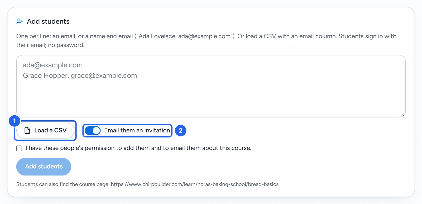 The Add students box: a list box for emails or names and emails, Load a CSV, the Email them an invitation switch, a permission checkbox and the Add students button.