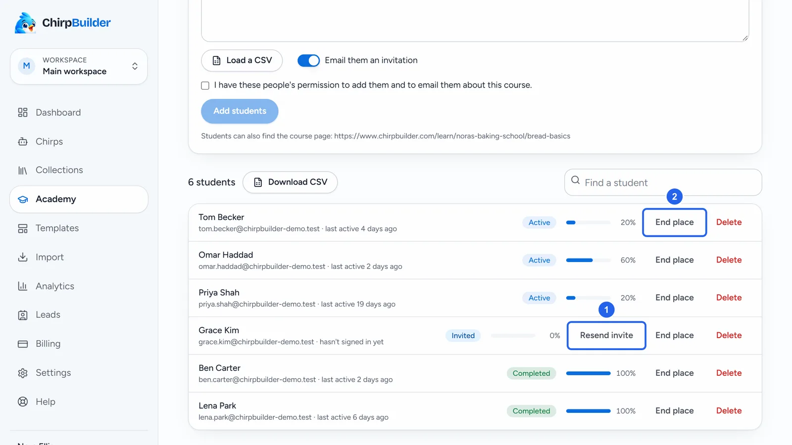 The list of six students on Bread Basics, each with their status (Active, Invited or Completed), a progress bar, and buttons such as Resend invite, End place and Delete.