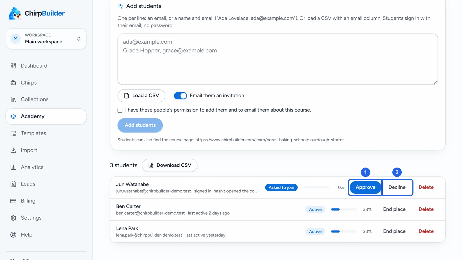 The Students tab of Sourdough Starter, where students ask for a place: Jun Watanabe's request at the top marked Asked to join, with Approve and Decline.