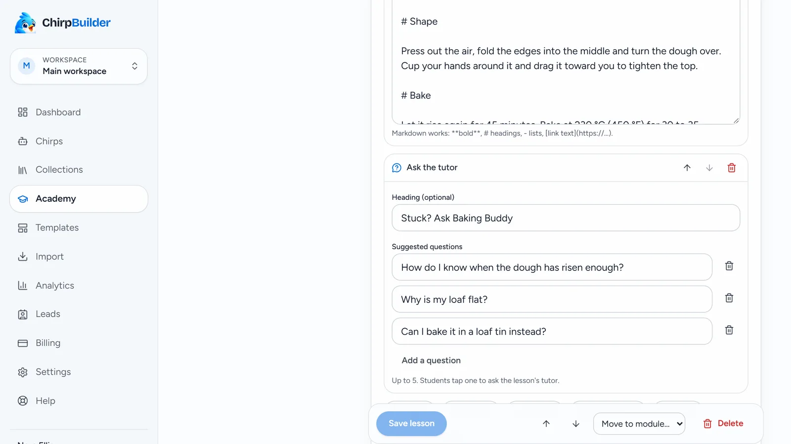 An Ask the tutor block with the heading Stuck? Ask Baking Buddy and three suggested questions, each with a bin to remove it.