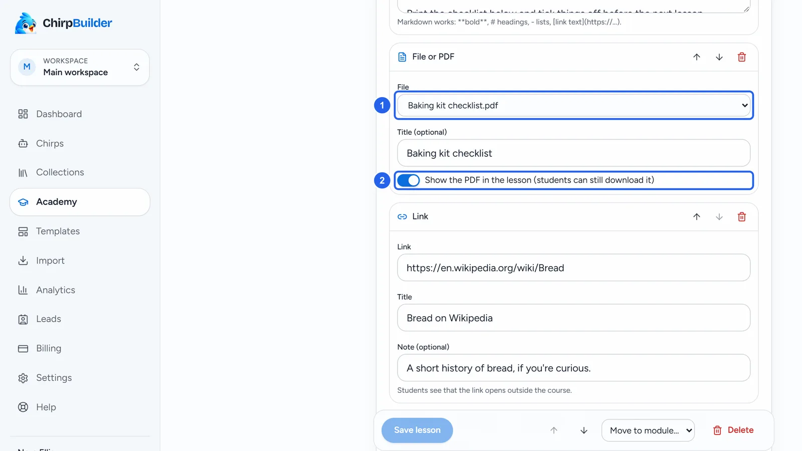 A File or PDF block with Baking kit checklist.pdf chosen and the switch to show the PDF in the lesson turned on, then a Link block to a web page with a title and a note.