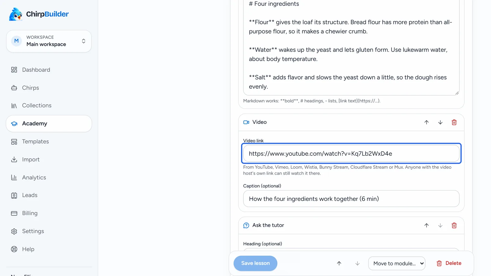 A Video block with a YouTube link pasted in, a caption, and the list of video hosts it accepts under the box.