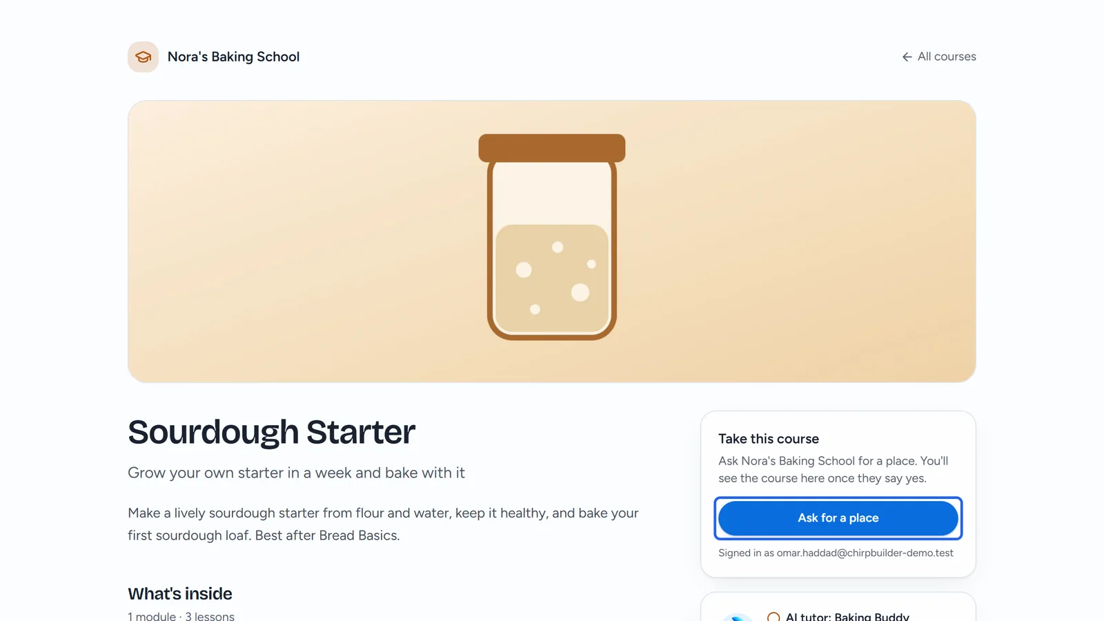 The Sourdough Starter course page while signed in: the course's description and outline, and a Take this course box with an Ask for a place button.
