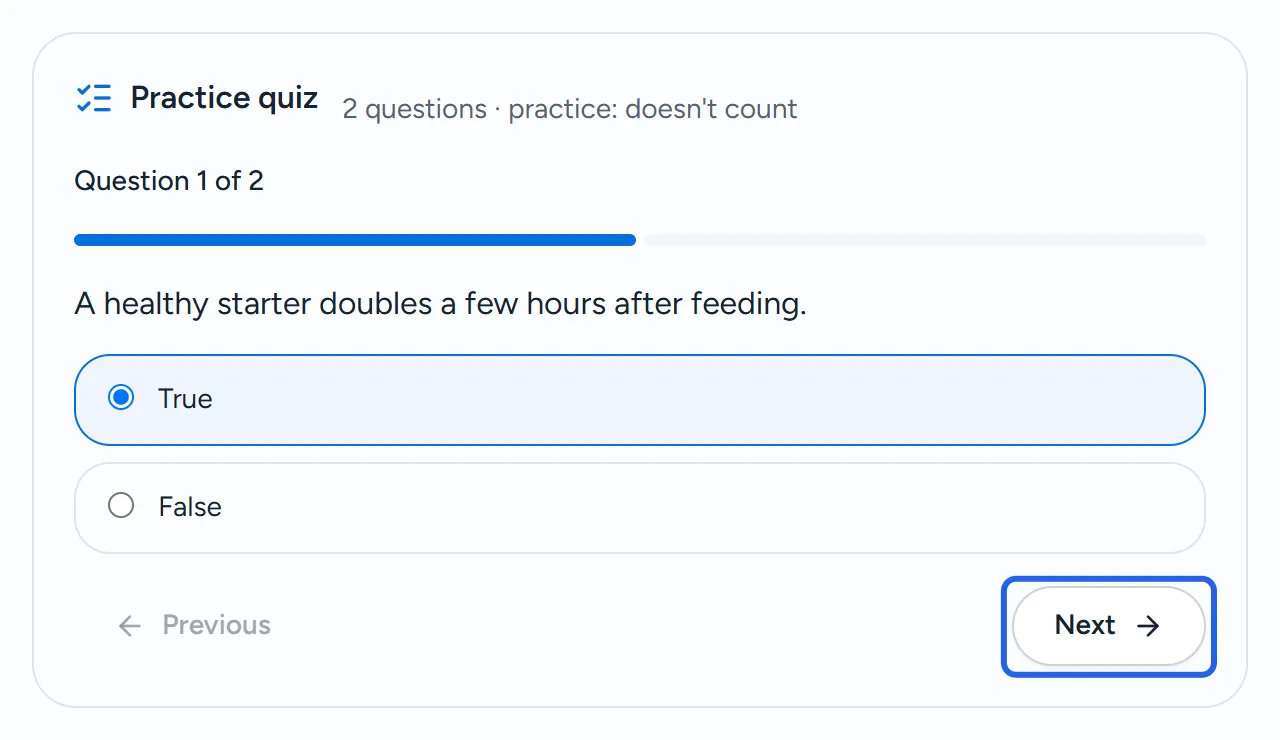A practice quiz in progress: Question 1 of 2, a true or false question with True picked, and the Previous and Next buttons.