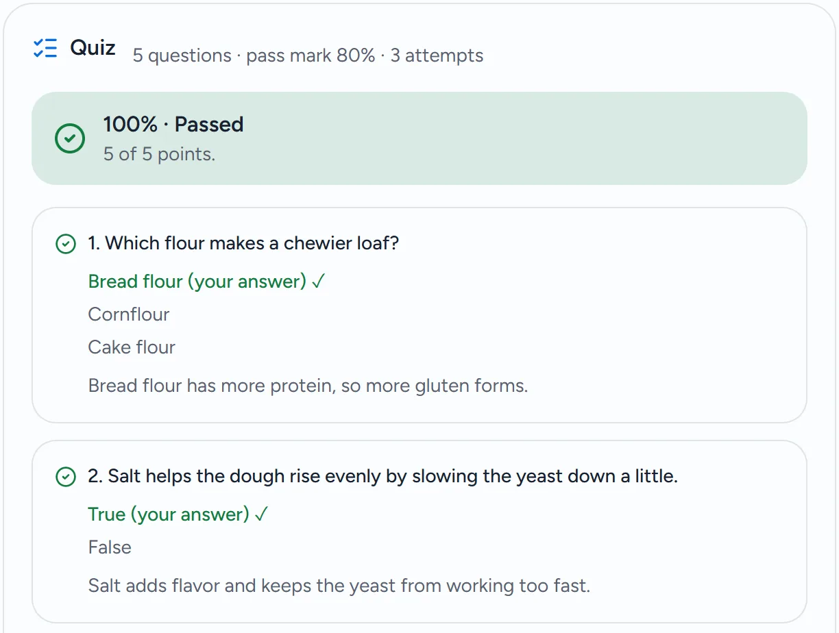 A graded quiz's result: 100% Passed, 5 of 5 points, then each question with the right answer ticked and its explanation.