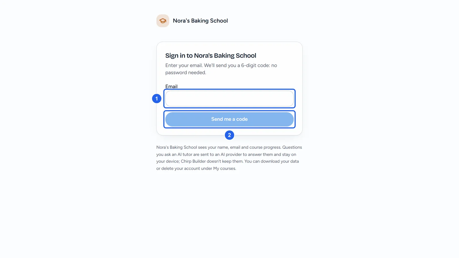 The sign-in page of Nora's Baking School: an Email box, the Send me a code button, and a note on what the Academy sees and what stays on your device.