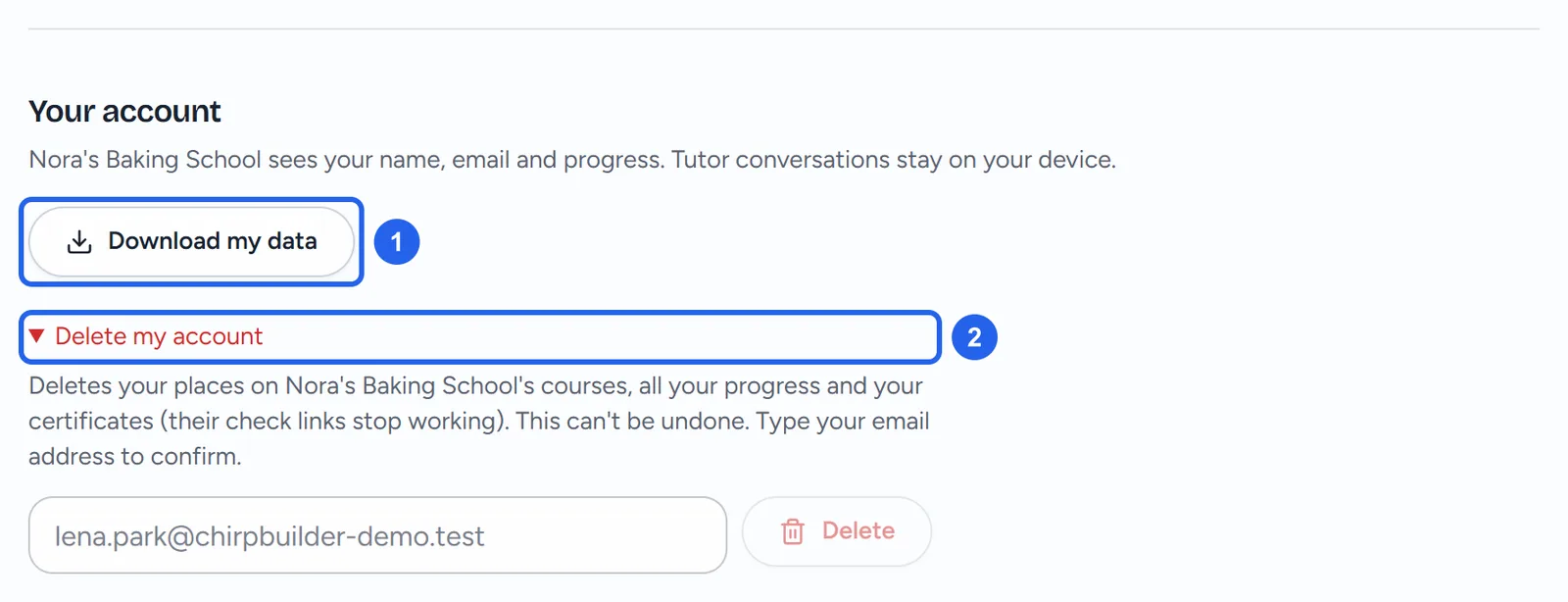 The Your account section: what the Academy sees, the Download my data button, and Delete my account opened, asking you to type your email to confirm.