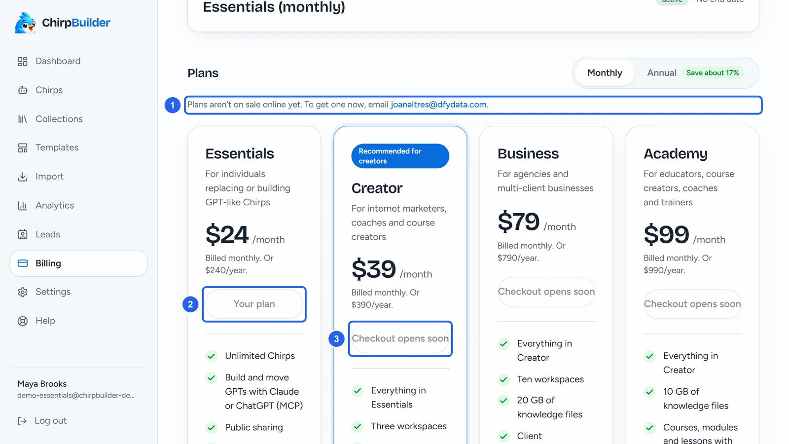 The Plans part of Maya's Billing page with Monthly chosen: the note that plans aren't on sale online yet, with the email address to get one (1), and the plan cards, where Essentials says Your plan (2) and Creator, Business and Academy say Checkout opens soon (3), greyed out.