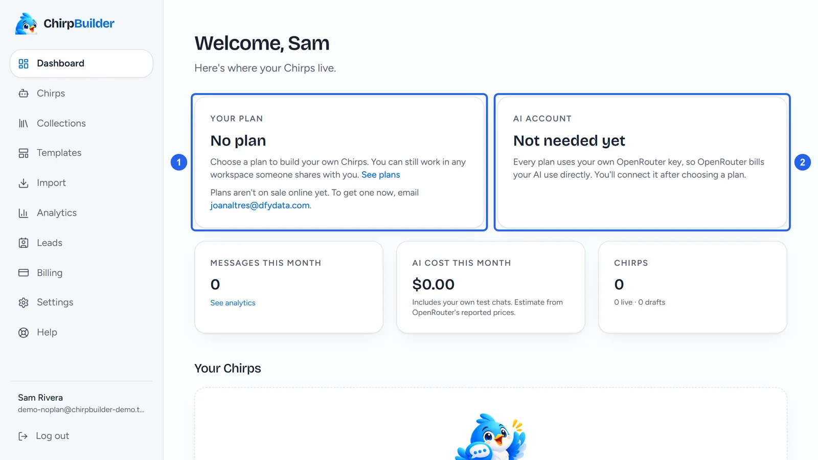 Sam's dashboard without a plan: Welcome, Sam; the Your plan card saying No plan, Choose a plan to build your own Chirps, that work in shared workspaces still works, and that plans aren't on sale online yet, with the email address to get one (1); the AI account card saying Not needed yet (2); then Messages this month, AI cost this month and Chirps, all at zero, and the start of Your Chirps.