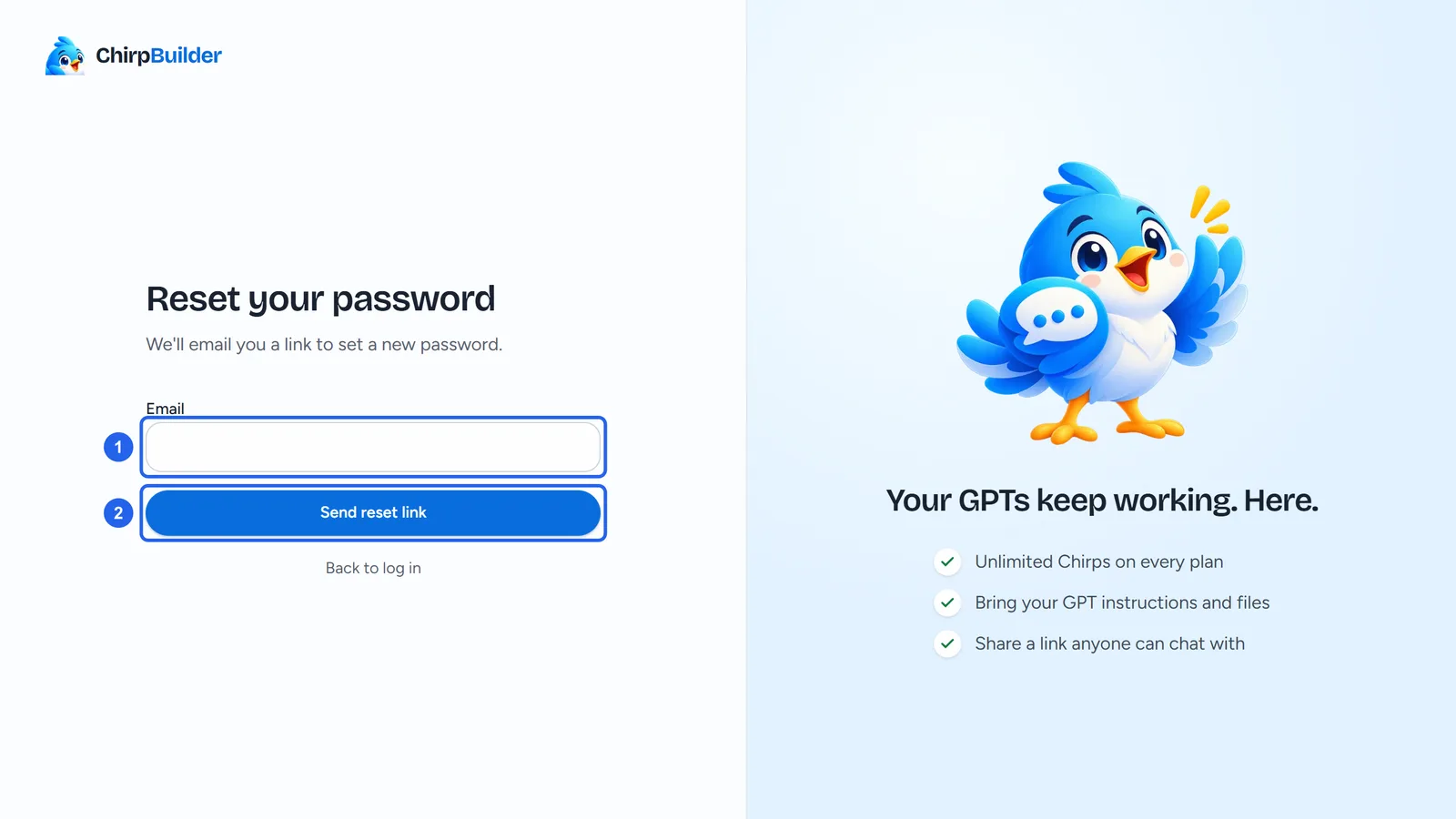 The log-in page after clicking Forgot password?: Reset your password, We'll email you a link to set a new password, the Email box (1), Send reset link (2) and Back to log in.