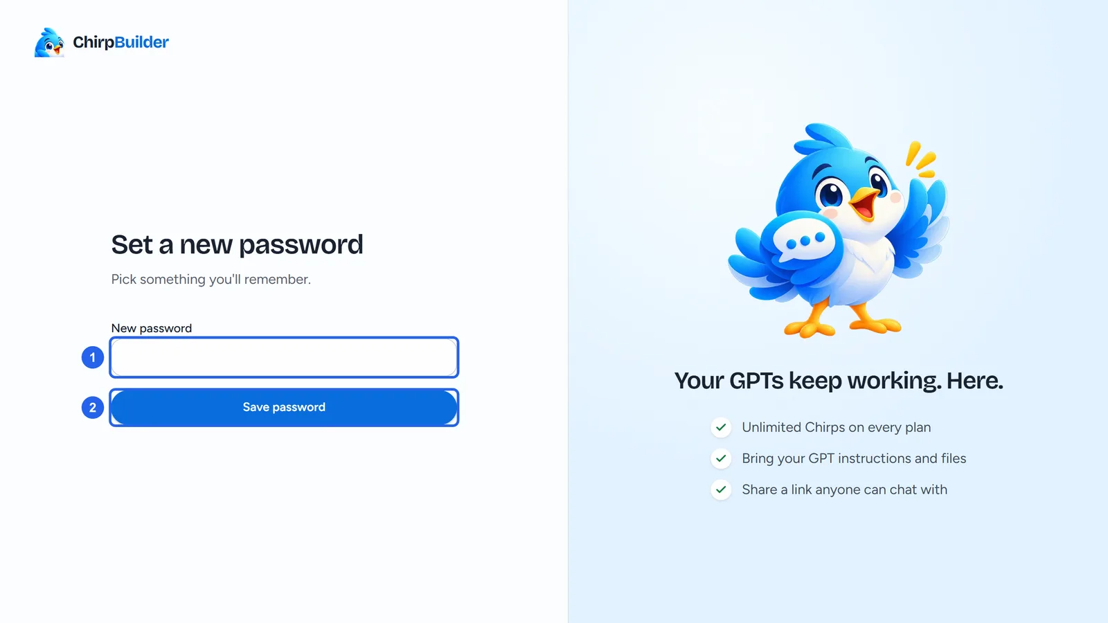The Set a new password page, saying Pick something you'll remember., with the New password box (1) and Save password (2).