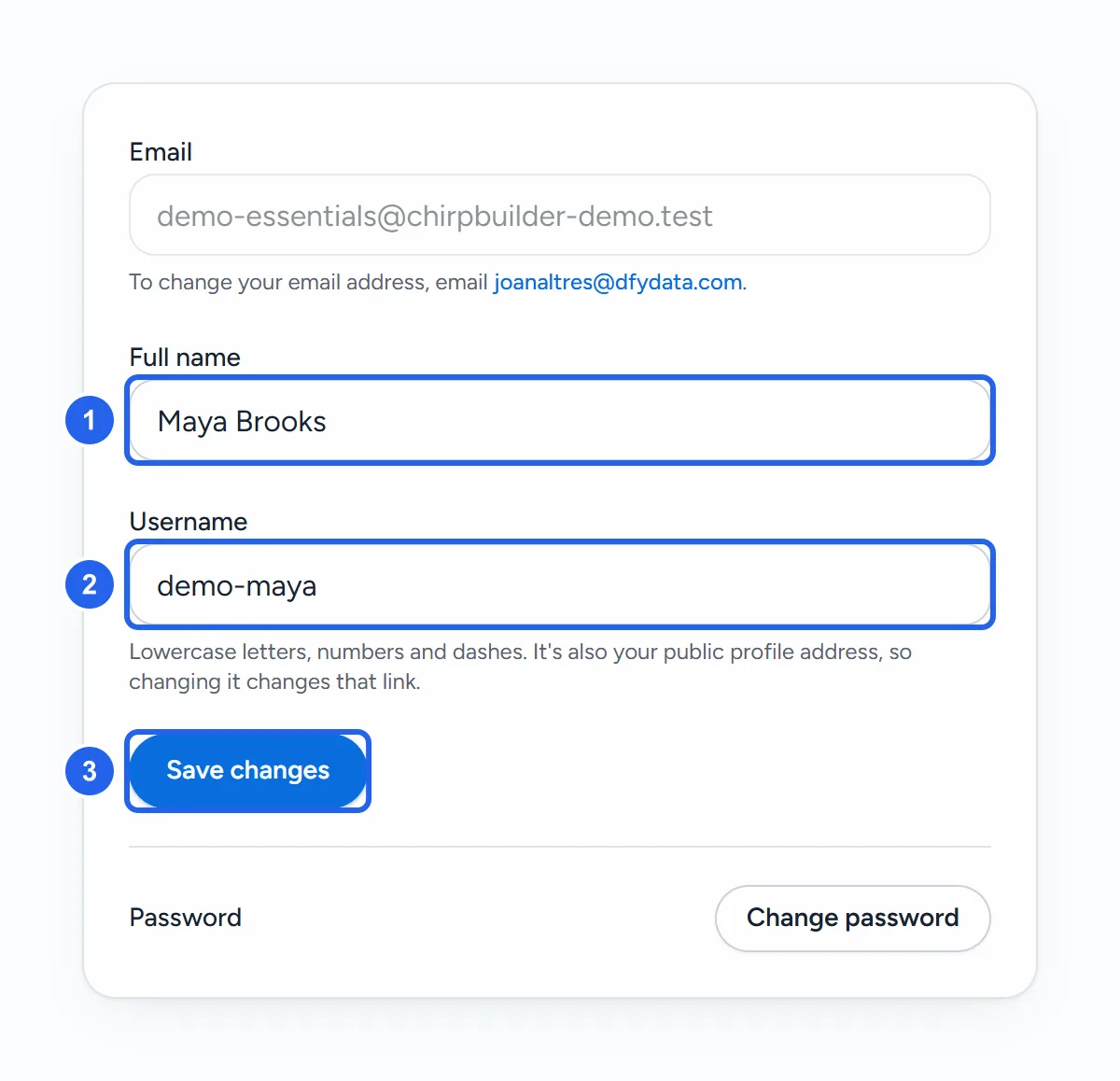The first card in Maya's Settings: the greyed-out Email box with her address and the note To change your email address, email joanaltres@dfydata.com., Full name Maya Brooks (1), Username demo-maya (2) with its note that it's also the public profile address, Save changes (3), and Password with Change password.