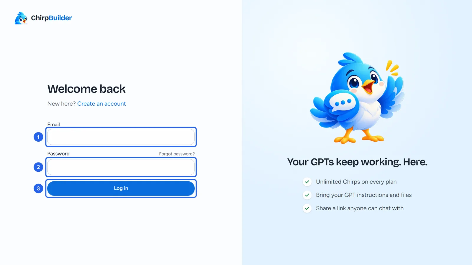 The Welcome back page: New here? Create an account, the Email box (1), the Password box (2) with Forgot password? above it, and Log in (3).