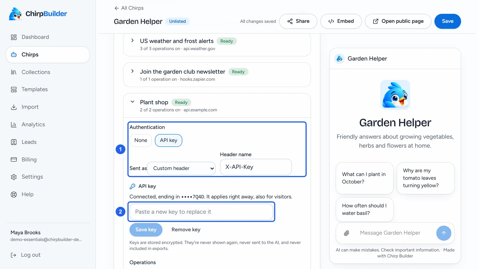 The Plant shop Action opened: Authentication set to API key, sent in a custom X-API-Key header (1), and the key box saying it's connected, ending in 7Q4D, with a box to paste a new key (2).