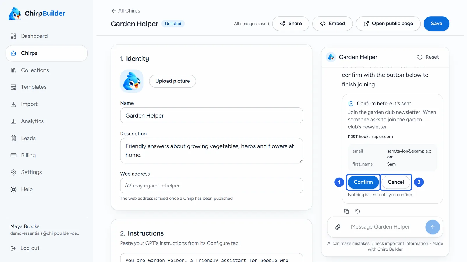 The preview chat: Sam asks to join the garden club newsletter, Garden Helper explains, and a card Confirm before it's sent shows the webhook's host and the email and first name it would send, with Confirm (1) and Cancel (2).