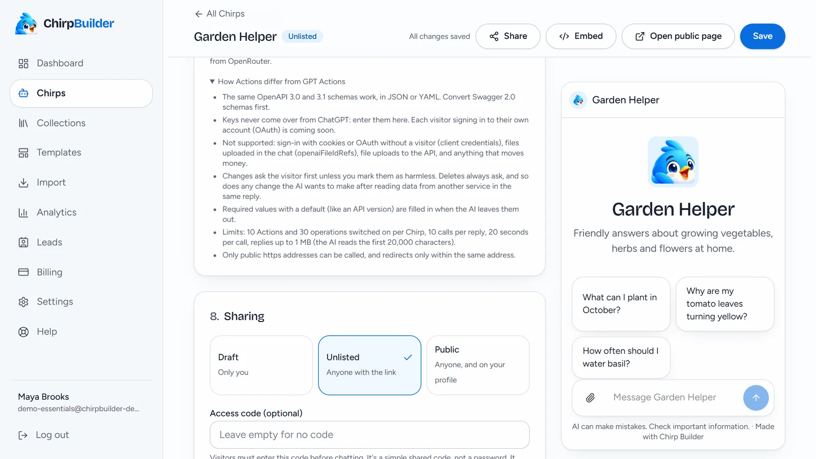 The list How Actions differ from GPT Actions opened at the bottom of the Actions section: OpenAPI 3.0 and 3.1, keys entered here, what isn't supported, when visitors confirm, and the limits.