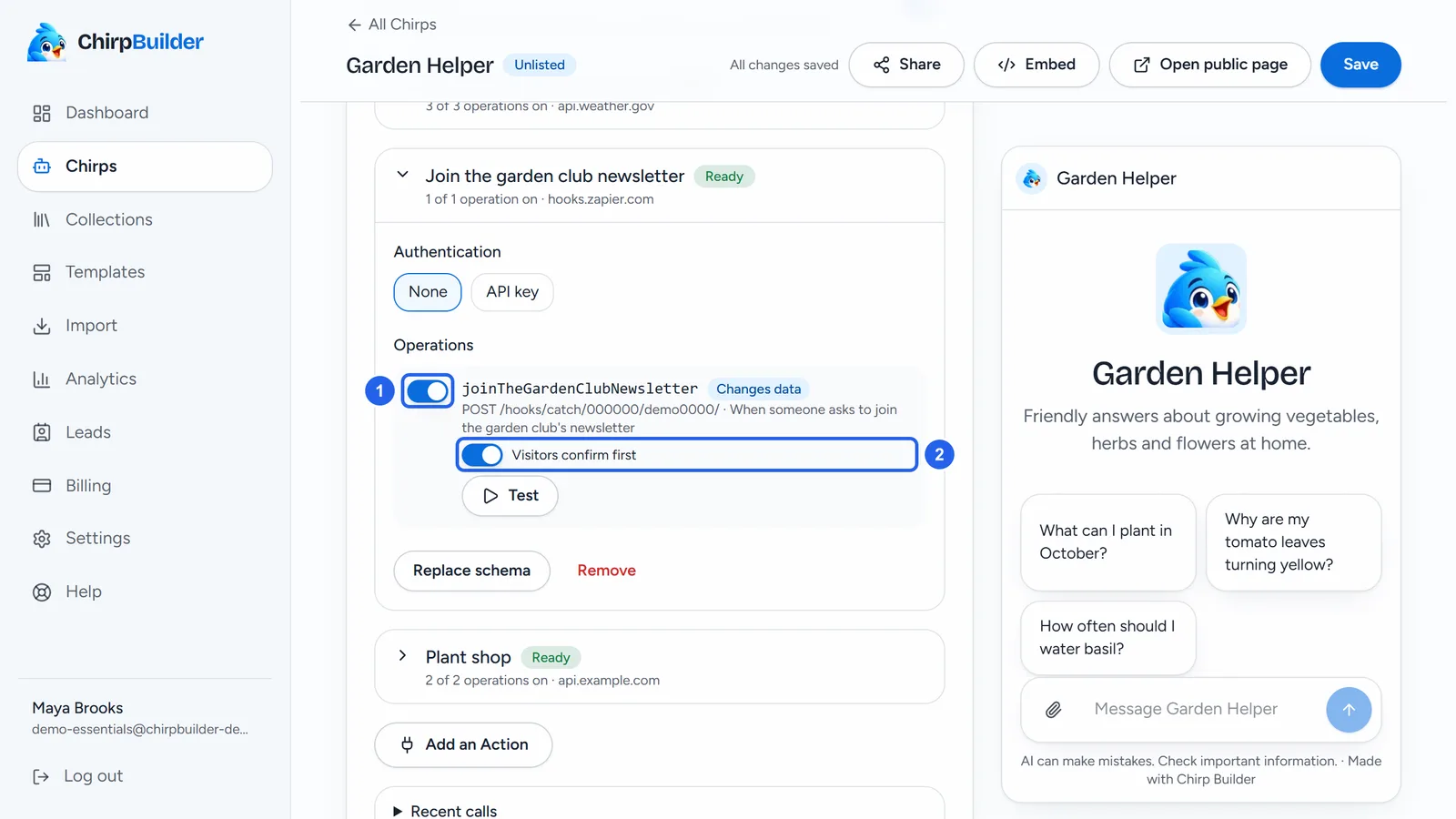 The newsletter webhook's operation: its on switch (1), the Changes data label, and Visitors confirm first switched on (2).