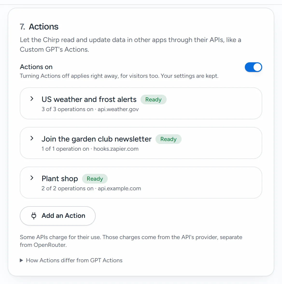 Section 7, Actions, of Garden Helper: three Actions (US weather and frost alerts, Join the garden club newsletter and Plant shop), each with its status, the Add an Action button and Recent calls.