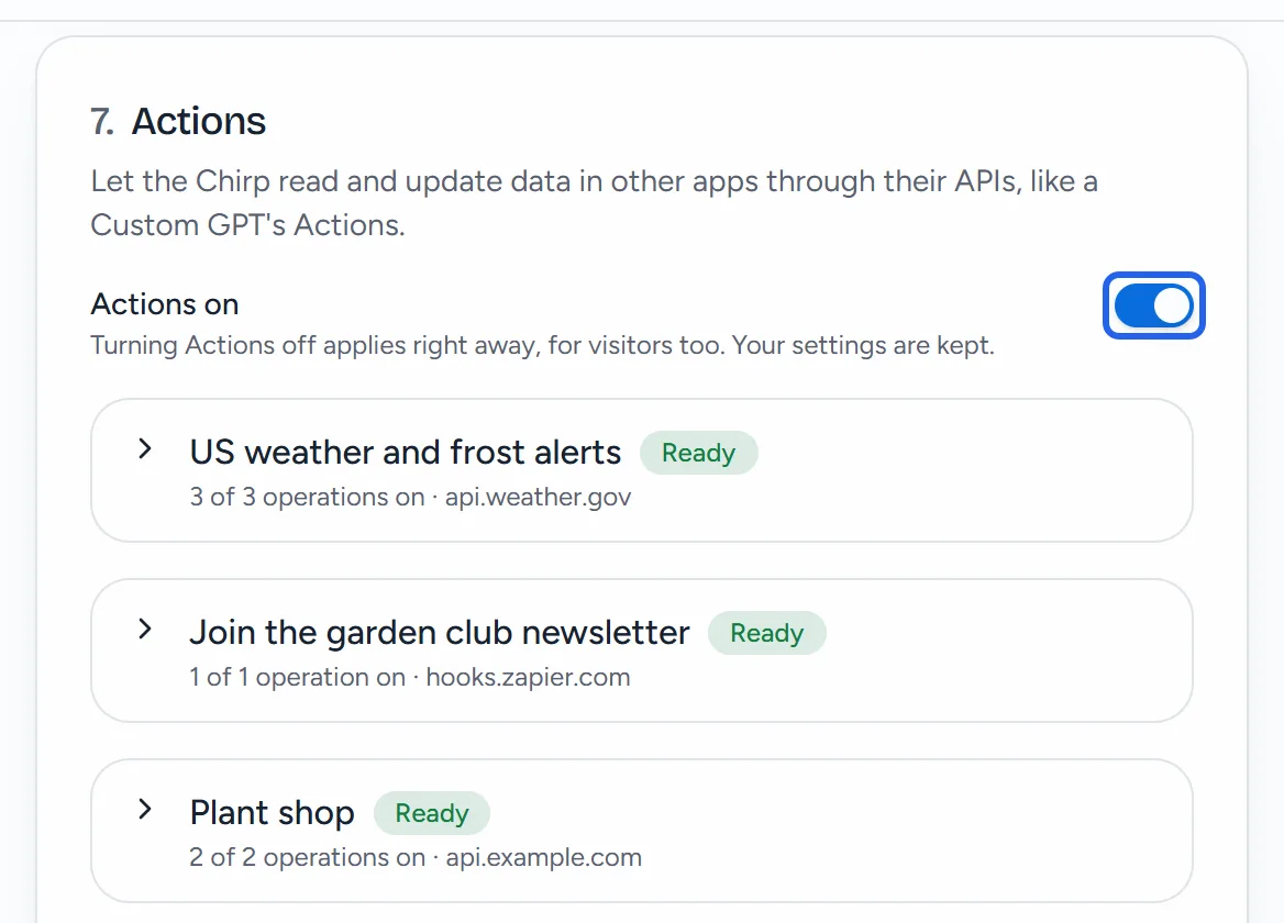 The top of the Actions section with the Actions on switch outlined, and its note that turning Actions off applies right away, for visitors too.
