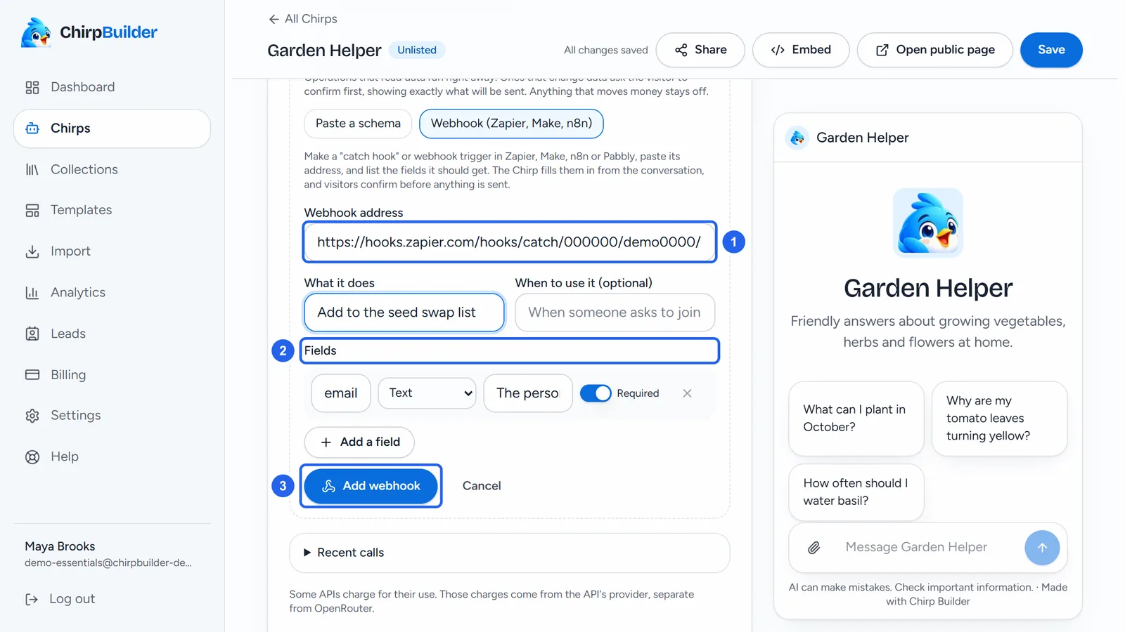 The Webhook (Zapier, Make, n8n) tab: a Zapier catch hook address (1), What it does set to Add to the seed swap list, the fields it receives (2), starting with email, and Add webhook (3).