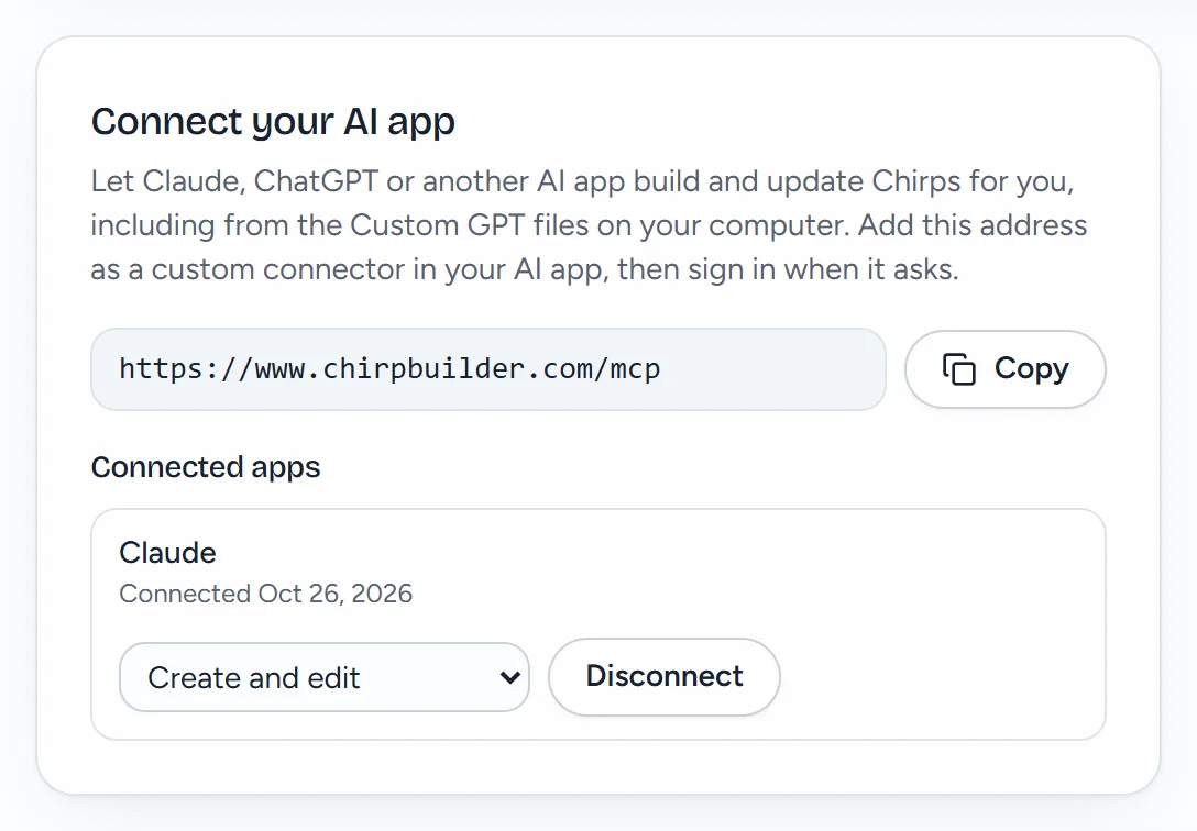 The Connect your AI app card in Settings: the connected Claude with its access level, Create and edit.
