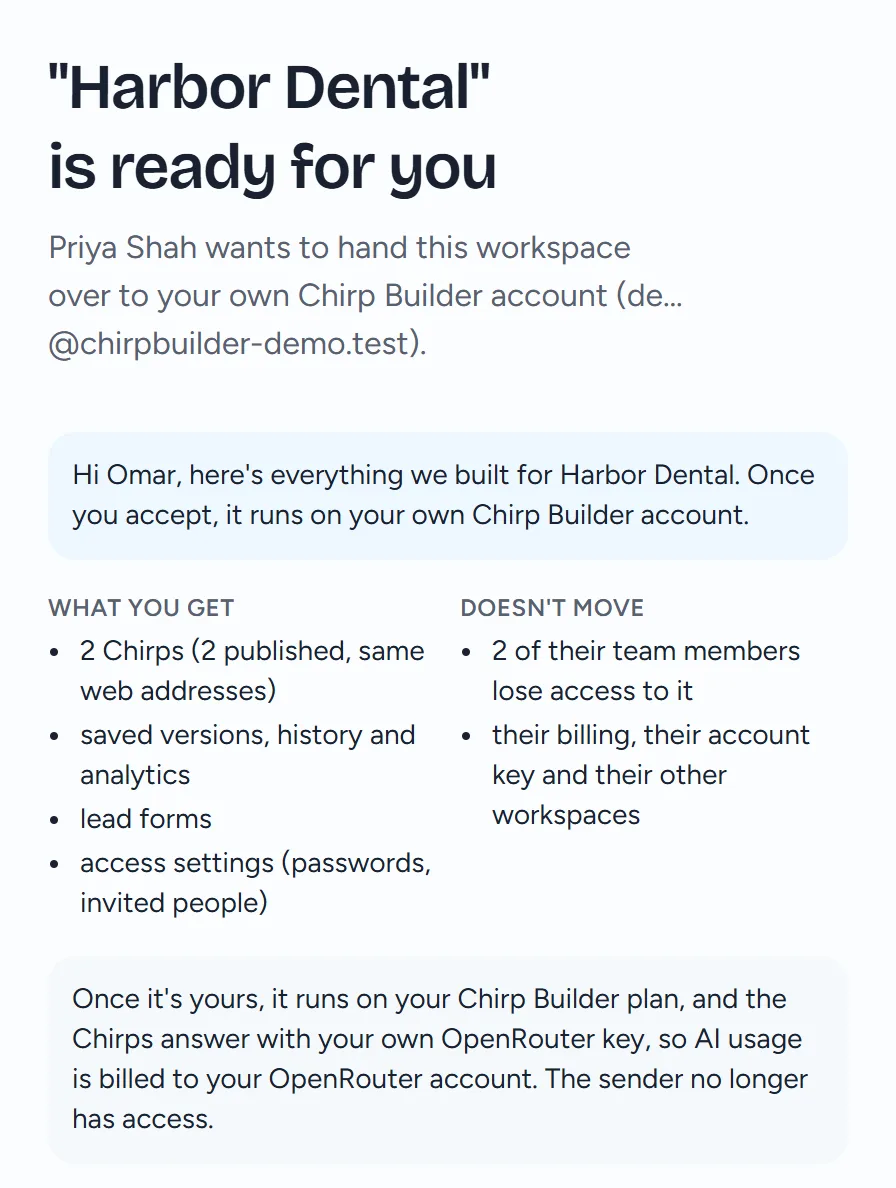 The handoff page Omar sees: "Harbor Dental" is ready for you, Priya Shah wants to hand this workspace over to your own Chirp Builder account, her note, the lists What you get and Doesn't move, and the note that once it's yours it runs on your plan and your own OpenRouter key.