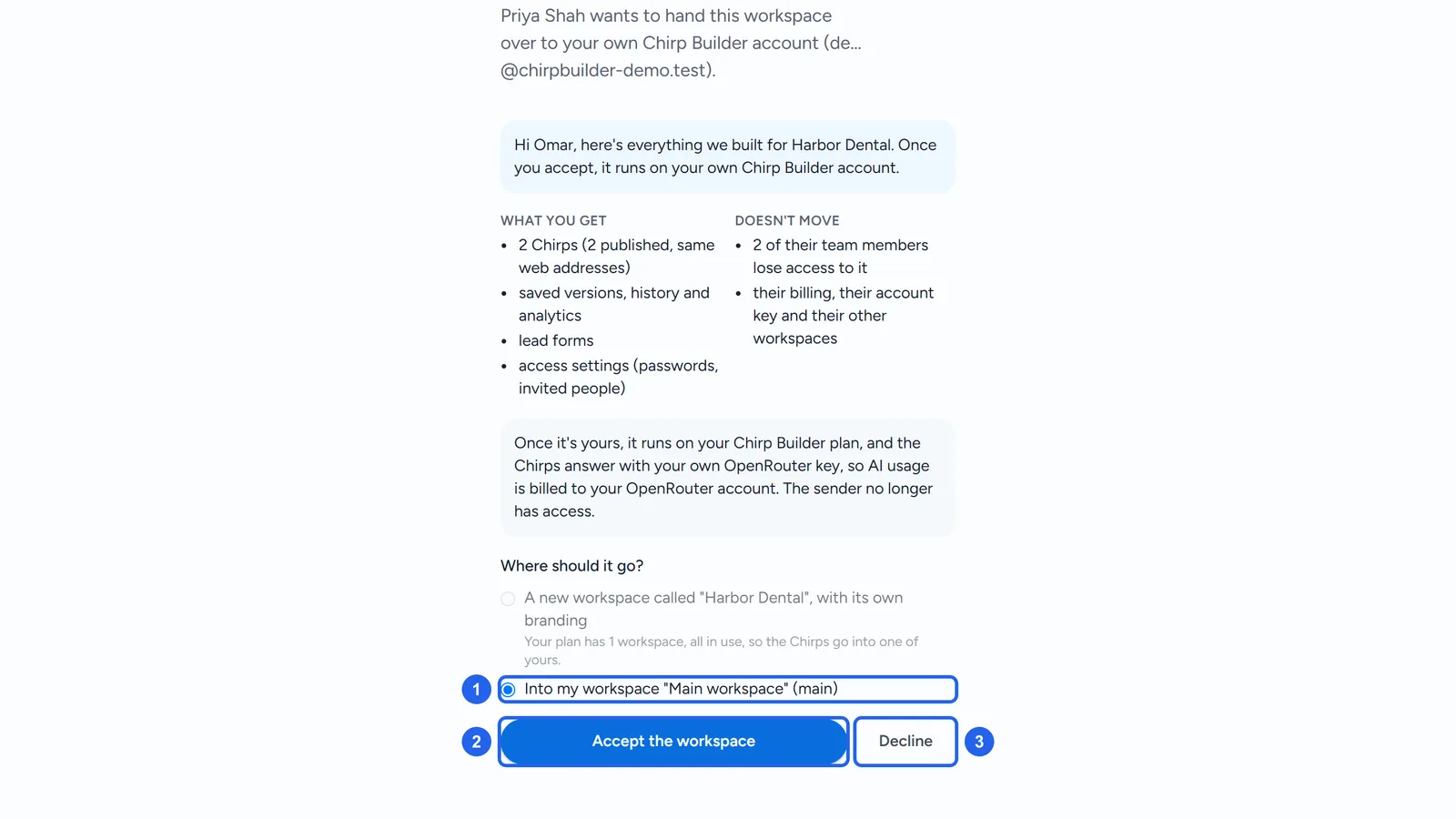 Further down the handoff page: Where should it go?, with A new workspace called Harbor Dental greyed out because Omar's plan has 1 workspace, all in use, and Into my workspace Main workspace (main) chosen (1), then Accept the workspace (2) and Decline (3).