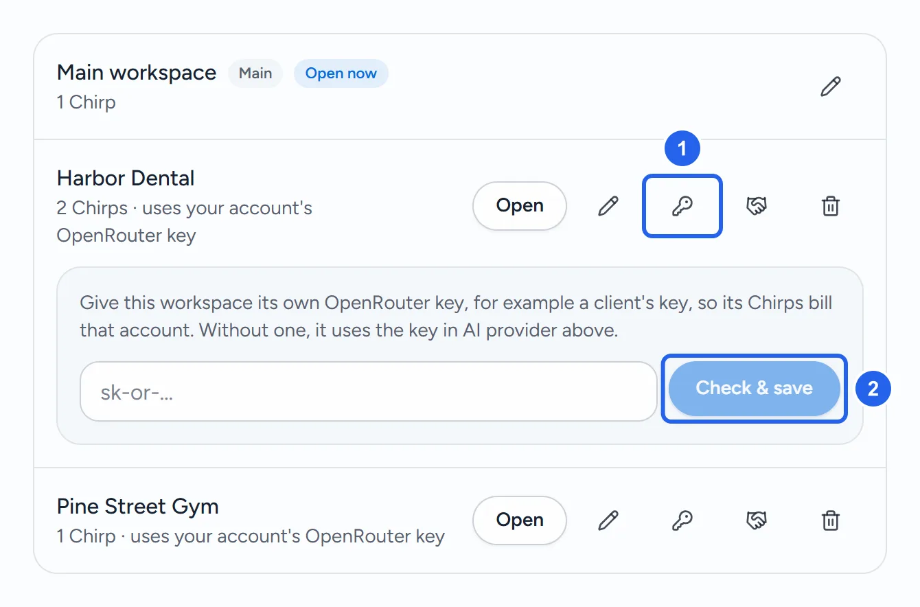 Priya's workspaces with the key button of Harbor Dental (1) opened: the note that a workspace can have its own OpenRouter key, for example a client's, so its Chirps bill that account, the box for the key, and Check & save (2).