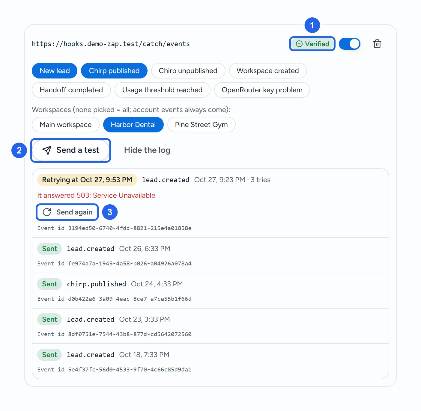 Priya's event webhook for https://hooks.demo-zap.test/catch/events: Verified (1) and switched on, the events New lead and Chirp published, the workspace Harbor Dental, Send a test (2), and Hide the log above the open delivery log: one delivery Retrying, with its error and Send again (3), then four Sent ones.