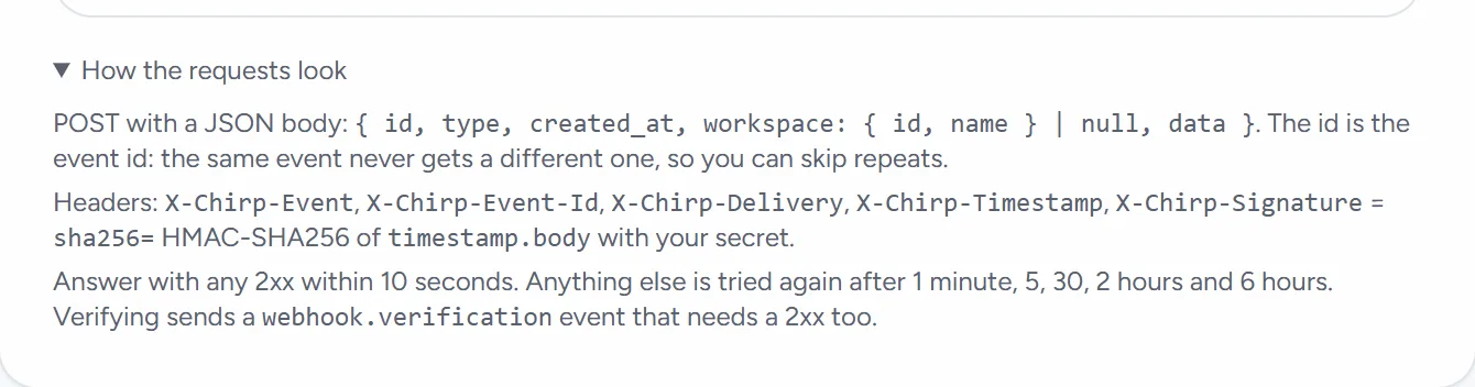 How the requests look, opened at the bottom of Event webhooks: the JSON body with the event id, type, time, workspace and data, the X-Chirp headers and the signature, and when failed deliveries are tried again.