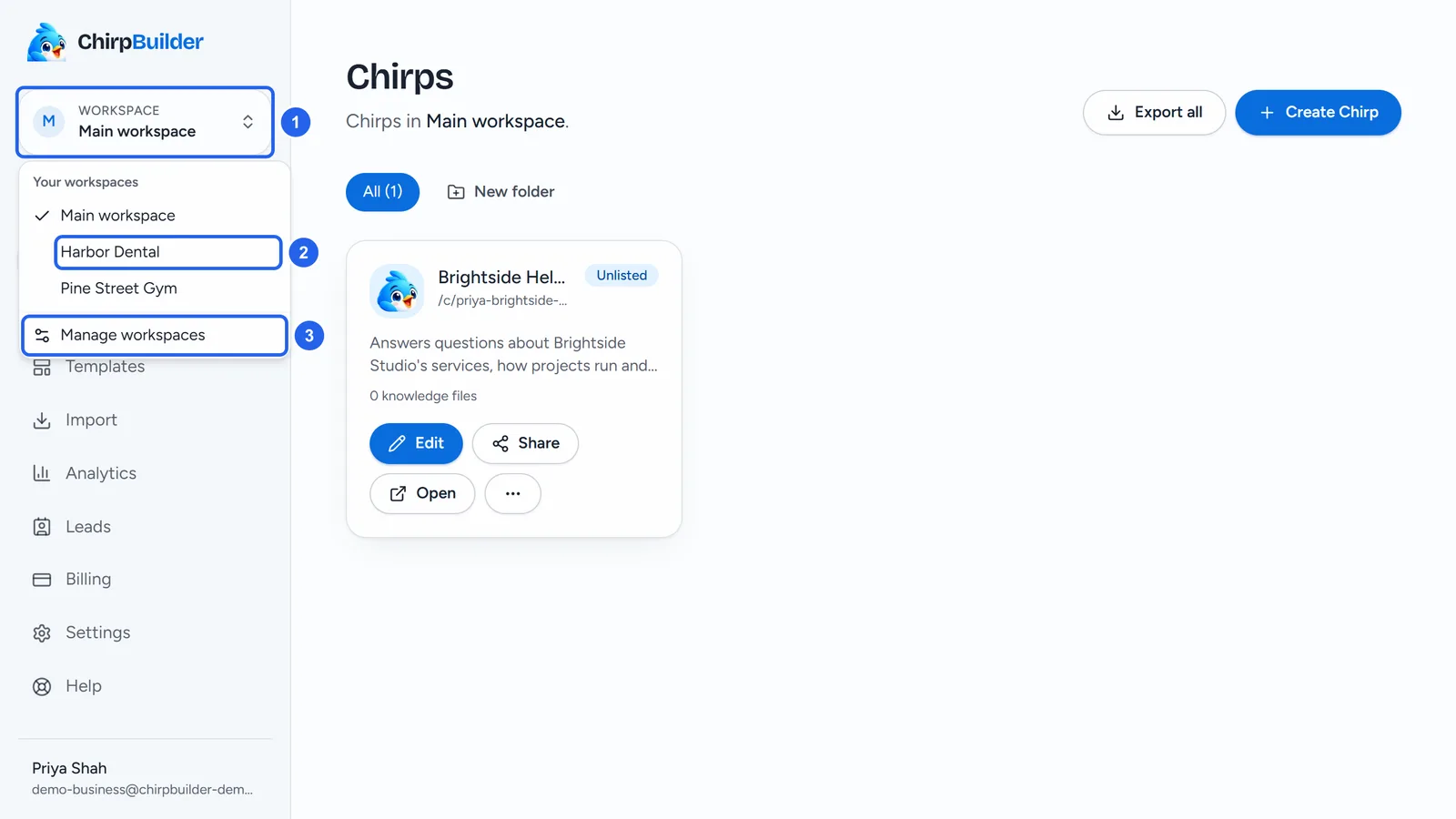 Priya's Chirps page in Main workspace with the Workspace box at the top of the menu (1) open: Your workspaces lists Main workspace (ticked), Harbor Dental (2) and Pine Street Gym, then Manage workspaces (3).