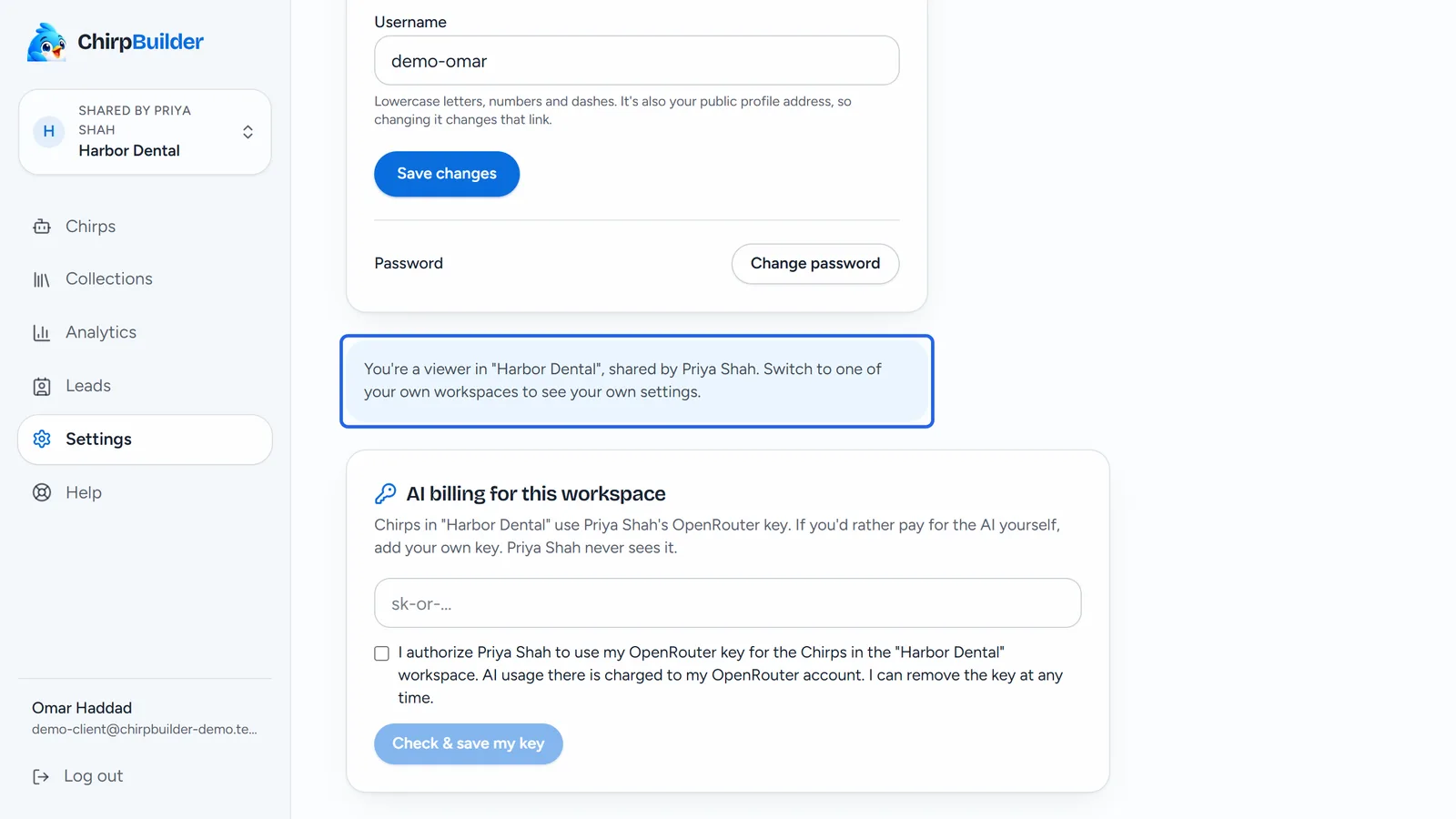 Omar's Settings while Harbor Dental is open: his profile, the note You're a viewer in Harbor Dental, shared by Priya Shah outlined, and AI billing for this workspace below it.