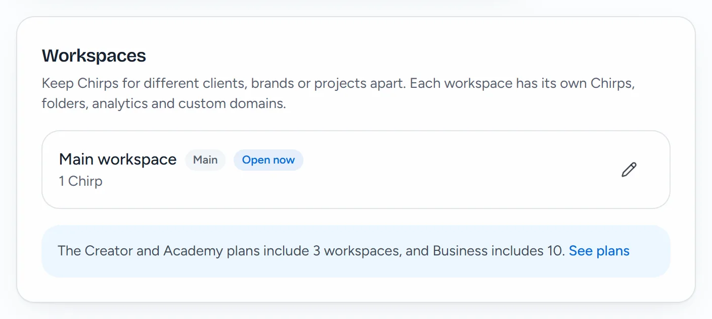 The Workspaces card for Maya on Essentials: only Main workspace, and the note The Creator and Academy plans include 3 workspaces, and Business includes 10, with See plans.