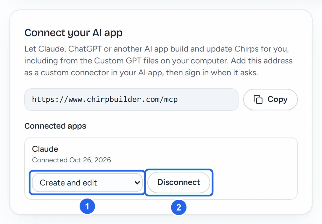 The Connected apps list in Settings with Claude, the date it was connected, a menu set to Create and edit, and a Disconnect button.