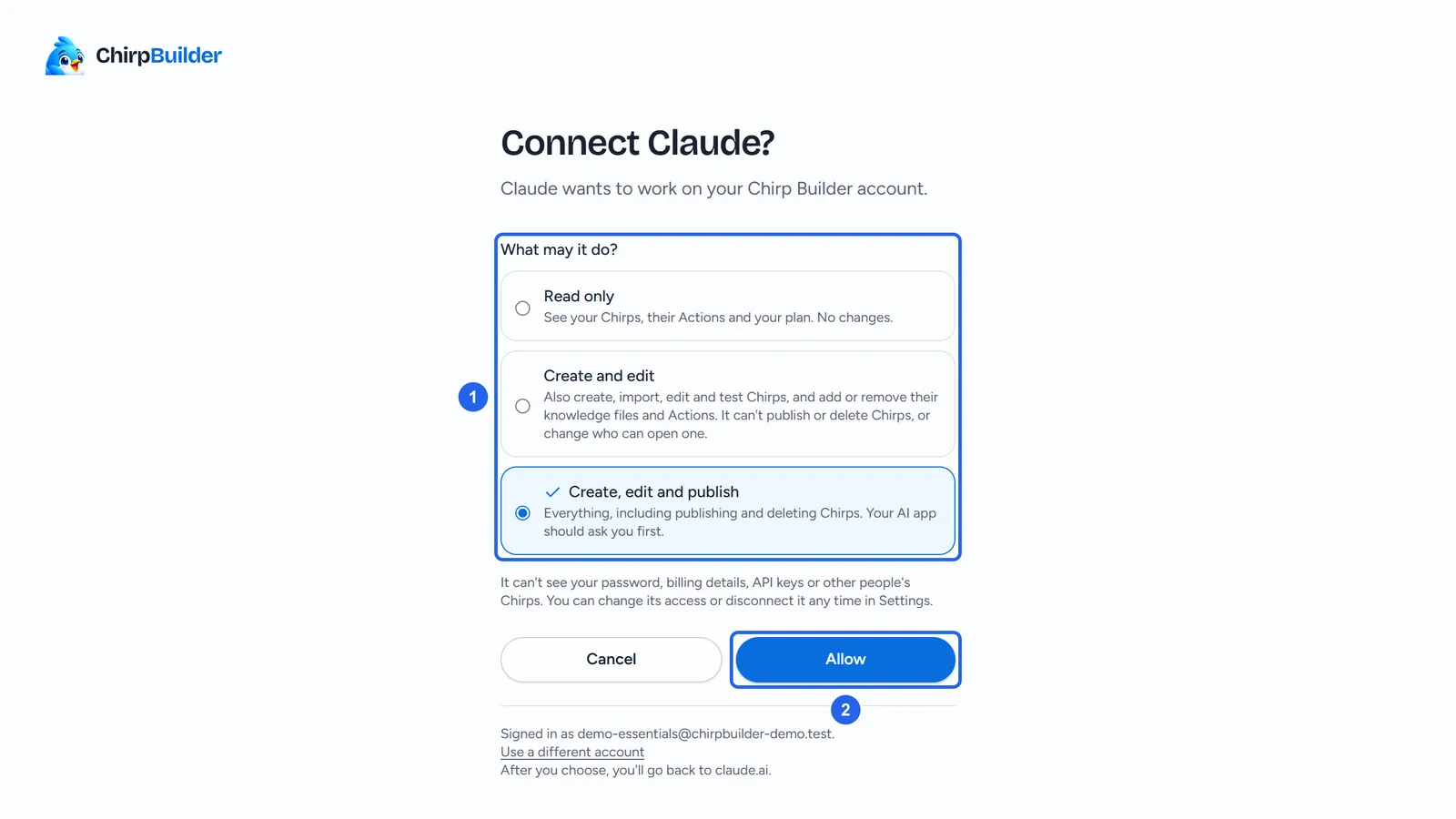 The Connect Claude? page on chirpbuilder.com: What may it do? with Read only, Create and edit, and Create, edit and publish, then Cancel and Allow.