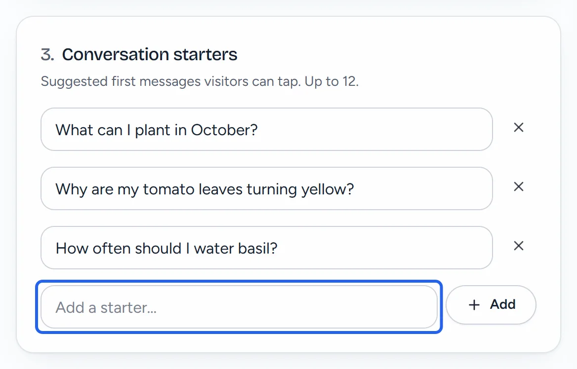 The Conversation starters section with three starters, an X beside each, and the Add a starter box.