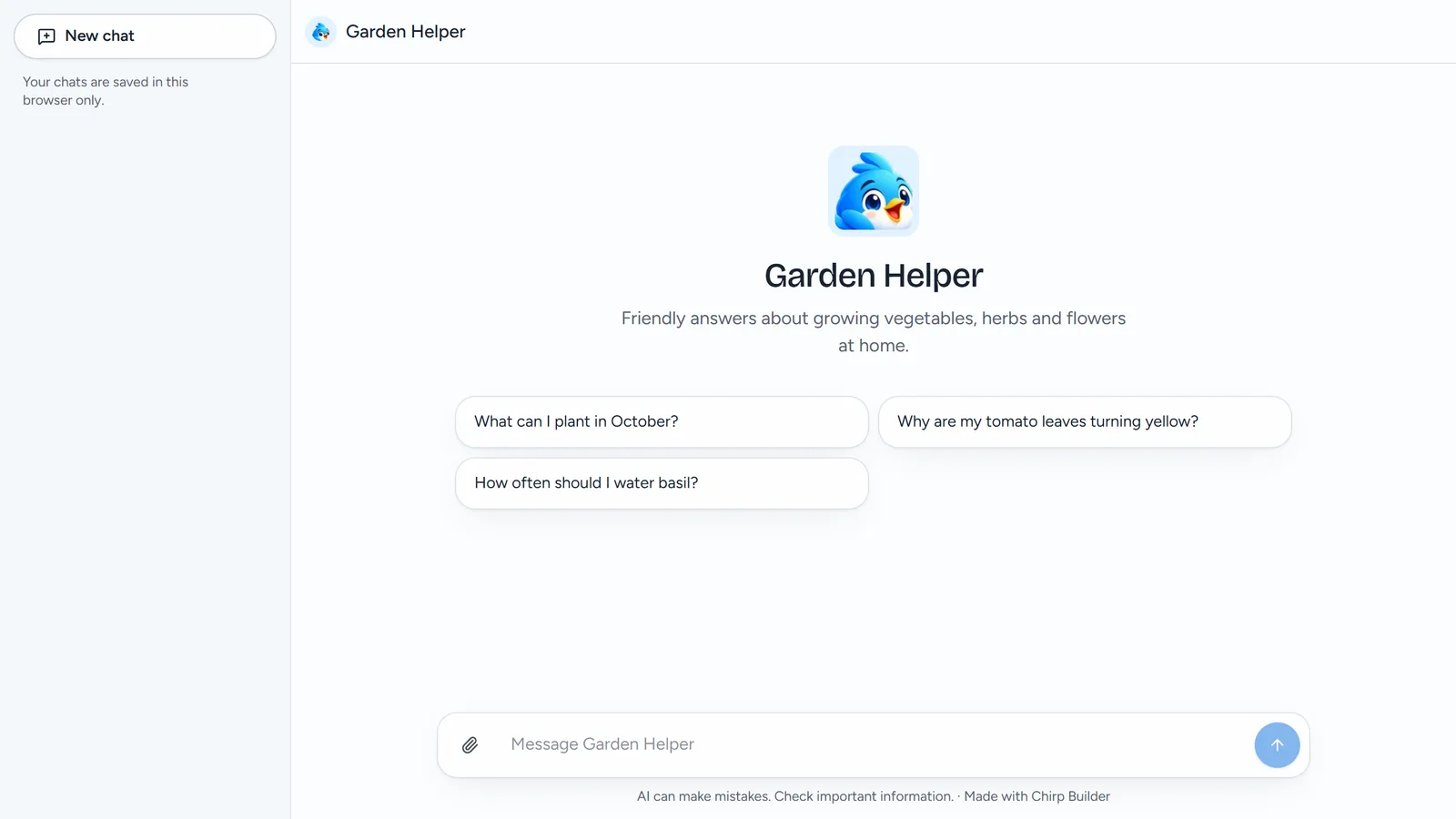 Garden Helper's public chat page before anyone has asked anything, with the three starters as buttons.