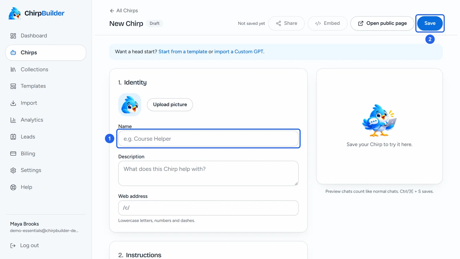 The editor for a new Chirp: Not saved yet at the top, the Name box empty, and the Save button.